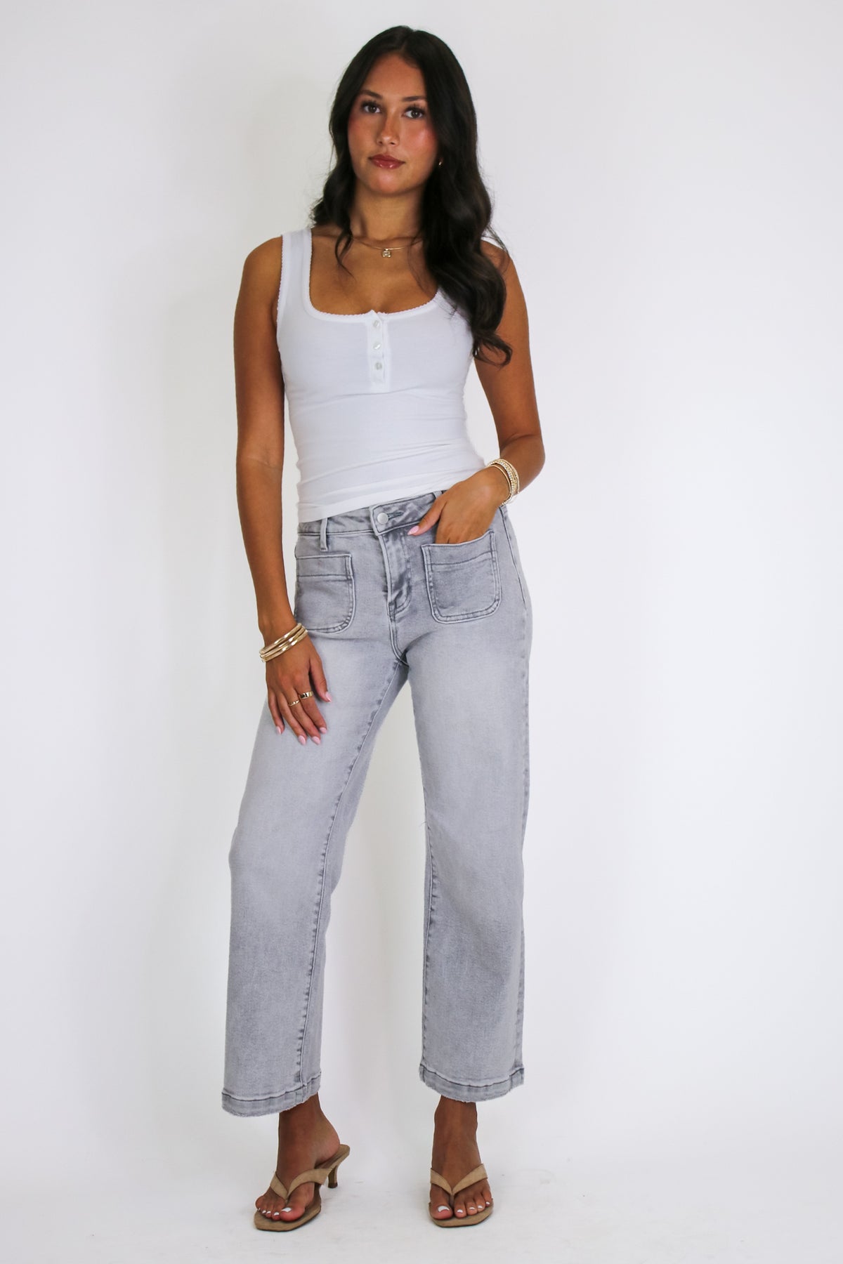 Gray / 25 Front Row High Rise Patch Pocket Jeans - Madison and Mallory