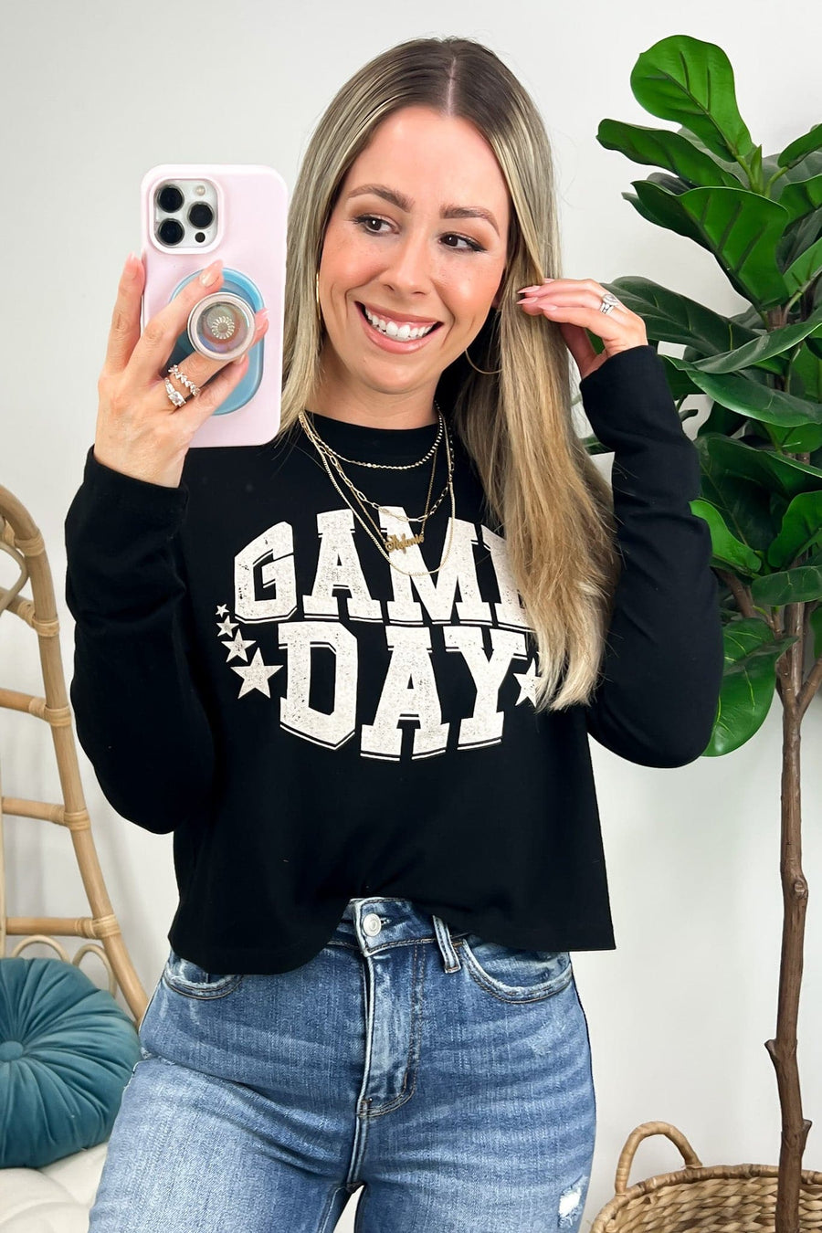 Black / S Game Day Graphic Cropped Long Sleeve Tee - Madison and Mallory