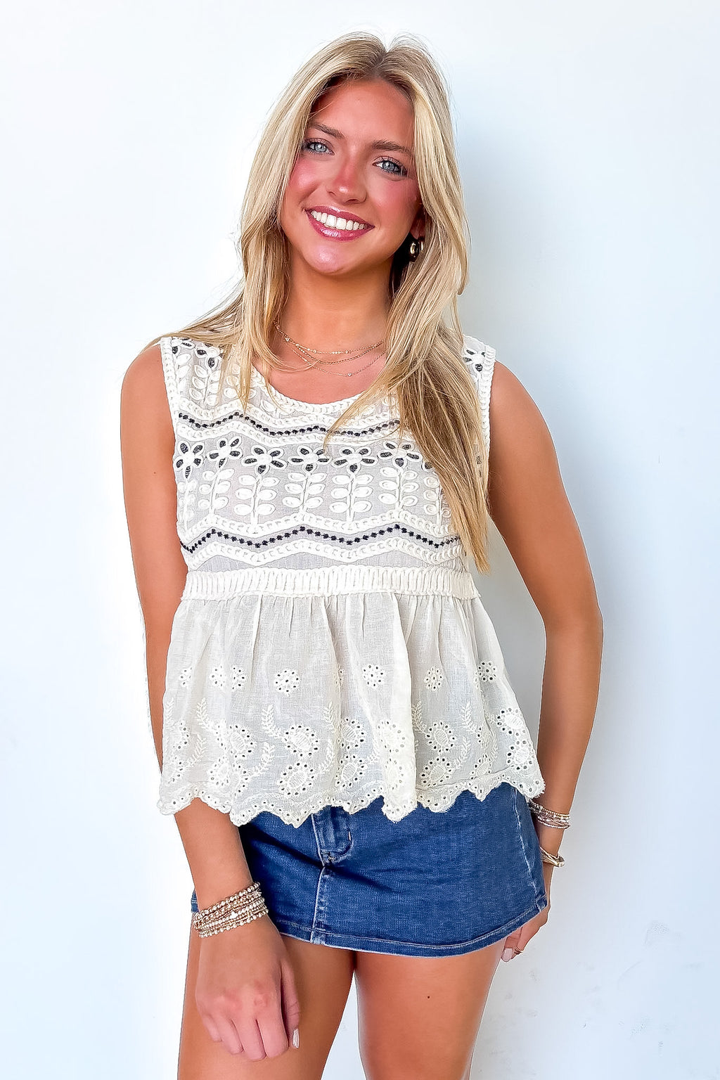 OS / Natural/Black Garden Grace Floral Crochet Detail Tank Top - Madison and Mallory