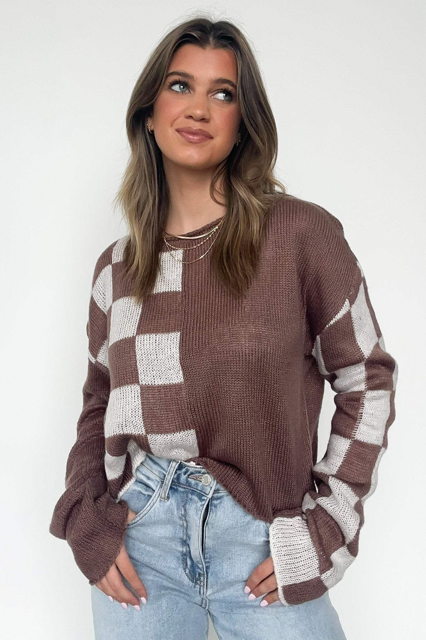 Mocha / S Gemma Color Block Checkered Sweater - Madison and Mallory