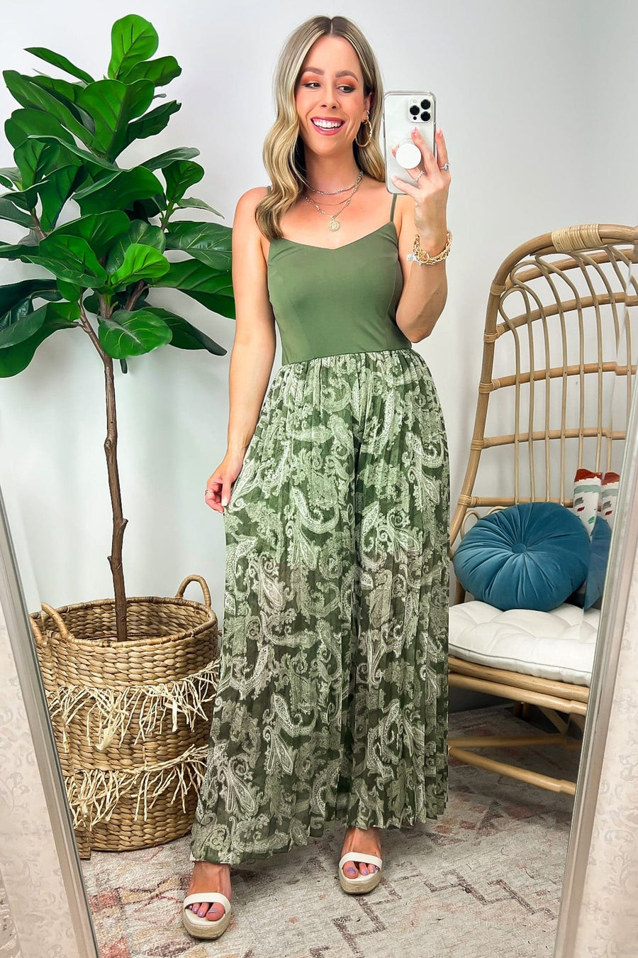S / Olive Gentle Charm Paisley Pleated Jumpsuit - Madison and Mallory