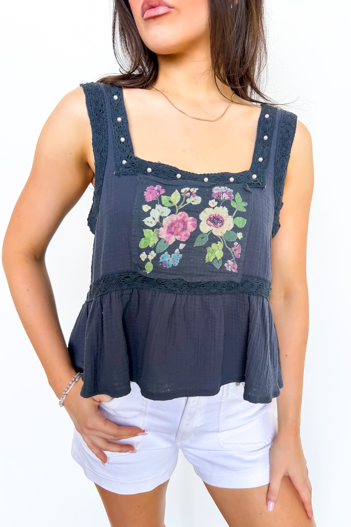 Gentle Bloom Floral Embroidered Ruffle Tank Top