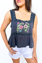 S / Ink Navy Gentle Bloom Floral Embroidered Ruffle Tank Top - Madison and Mallory