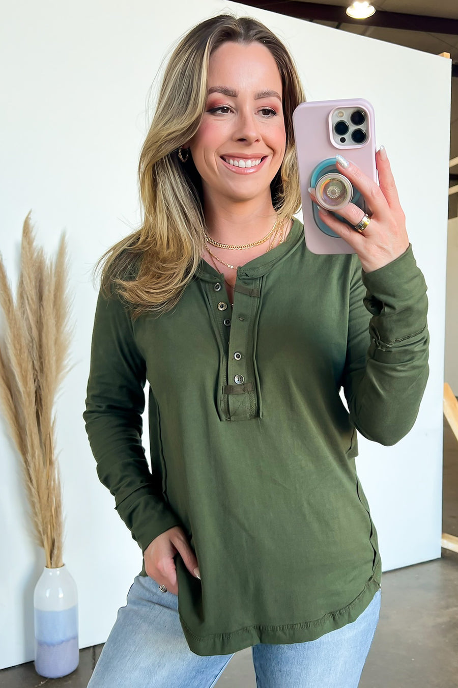 Dark Olive / S Gessi Thumb Hole Henley Top - BACK IN STOCK - Madison and Mallory