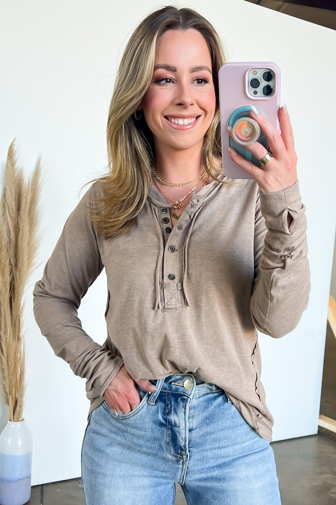 Heather Mocha / S Gessi Thumb Hole Henley Top - BACK IN STOCK - Madison and Mallory