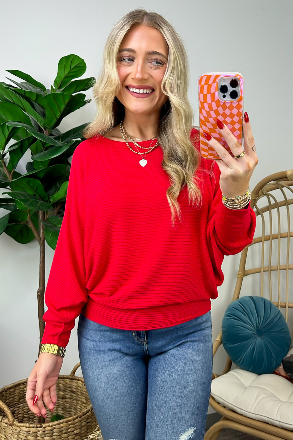 Ruby / S Gineva Ribbed Batwing Boatneck Lightweight Sweater - FINAL SALE - Madison and Mallory