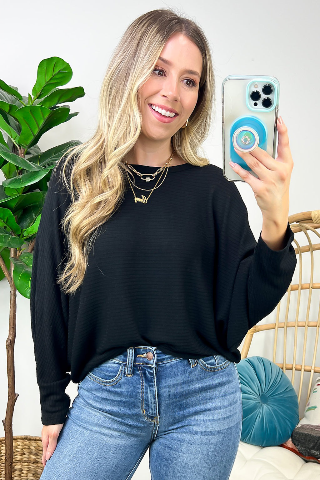 Black / S Gineva Ribbed Batwing Boatneck Lightweight Sweater - FINAL SALE - Madison and Mallory