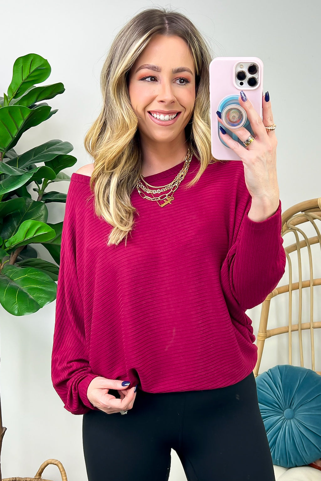 Cabernet / S Gineva Ribbed Batwing Boatneck Lightweight Sweater - FINAL SALE - Madison and Mallory