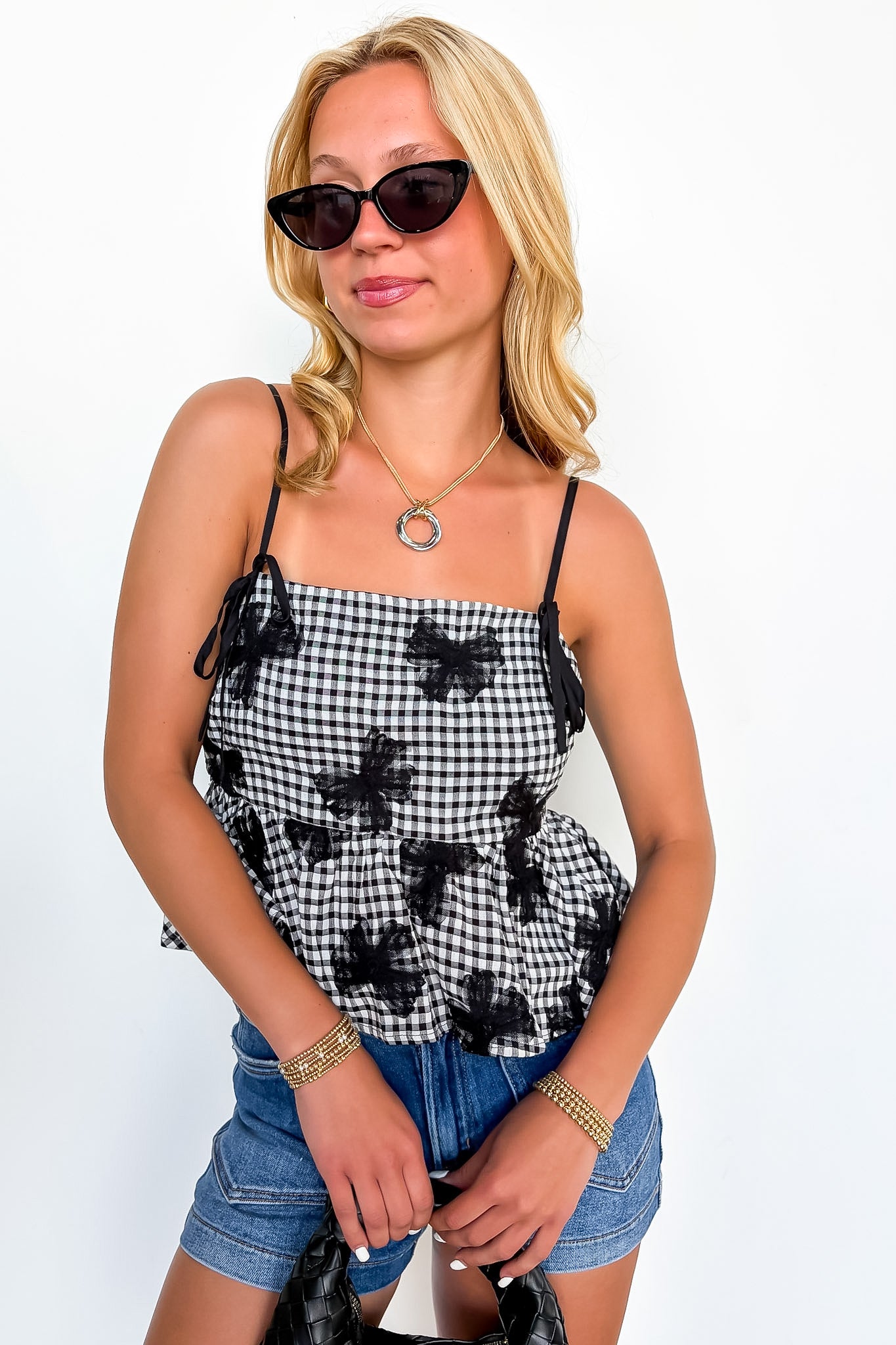Black / S Gingham Charm Bow Mesh Detail Top - Madison and Mallory