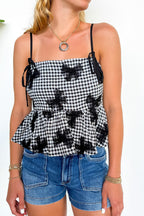 Gingham Charm Bow Mesh Detail Top - Madison and Mallory