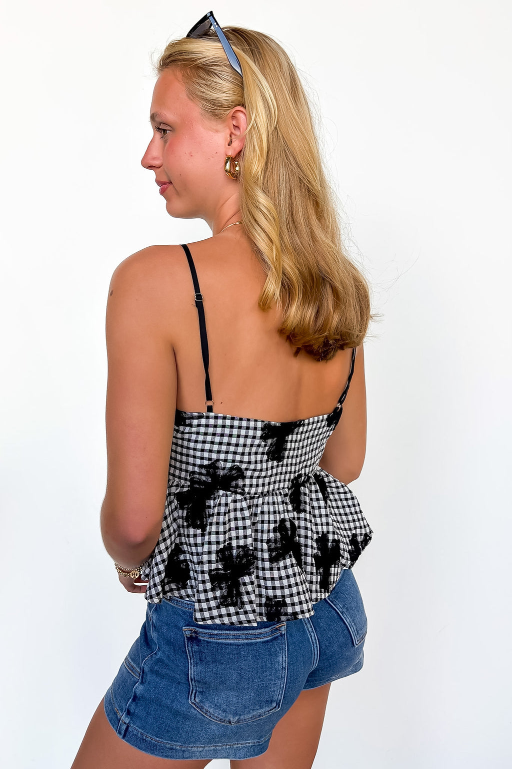 Gingham Charm Bow Mesh Detail Top - Madison and Mallory