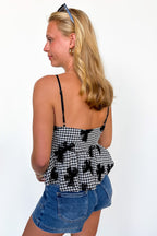 Gingham Charm Bow Mesh Detail Top - Madison and Mallory