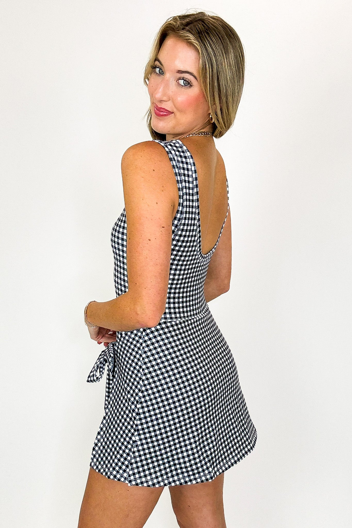 Gingham Rush Sleeveless Wrap Tie Front Dress - Madison and Mallory