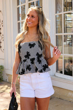 Gingham Charm Bow Mesh Detail Top - Madison and Mallory