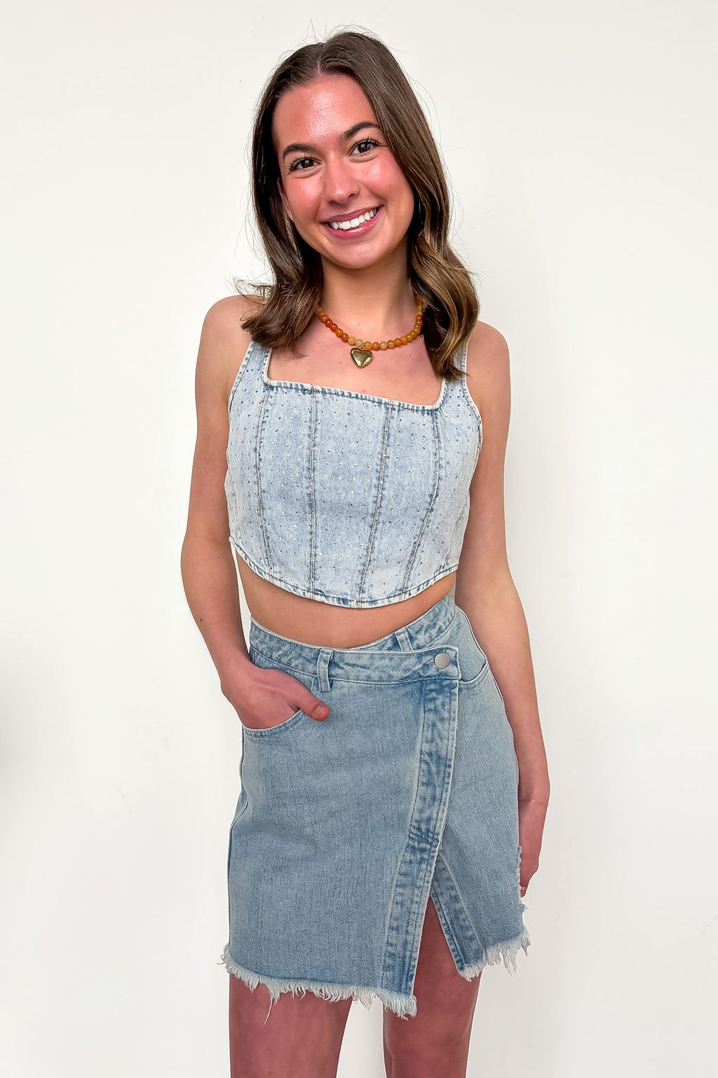 Glam West Rhinestone Detail Denim Corset Top - Madison and Mallory