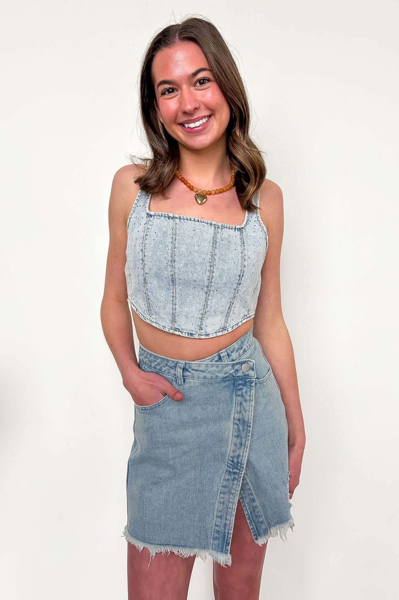 Glam West Rhinestone Detail Denim Corset Top - Madison and Mallory