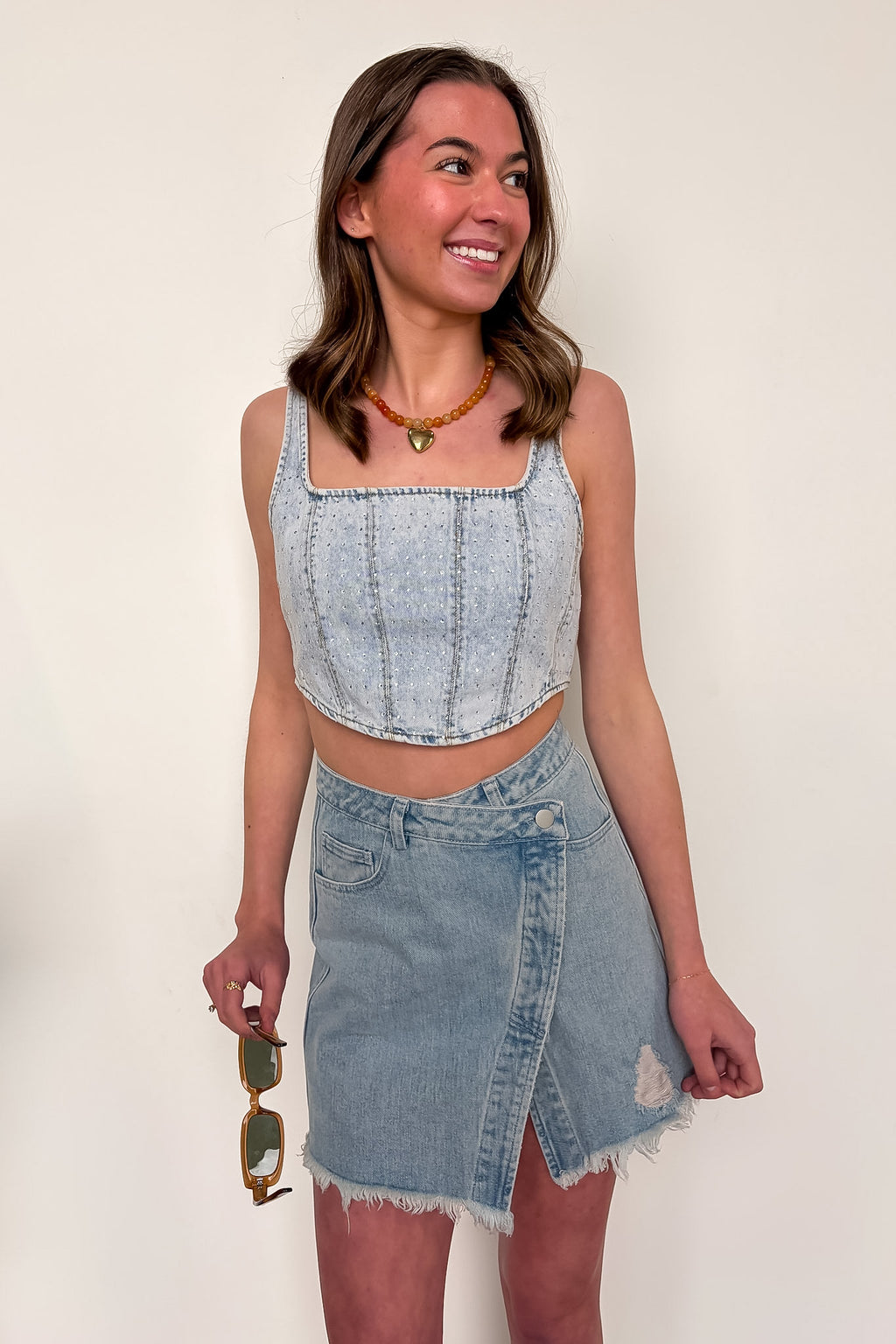 Glam West Rhinestone Detail Denim Corset Top - Madison and Mallory