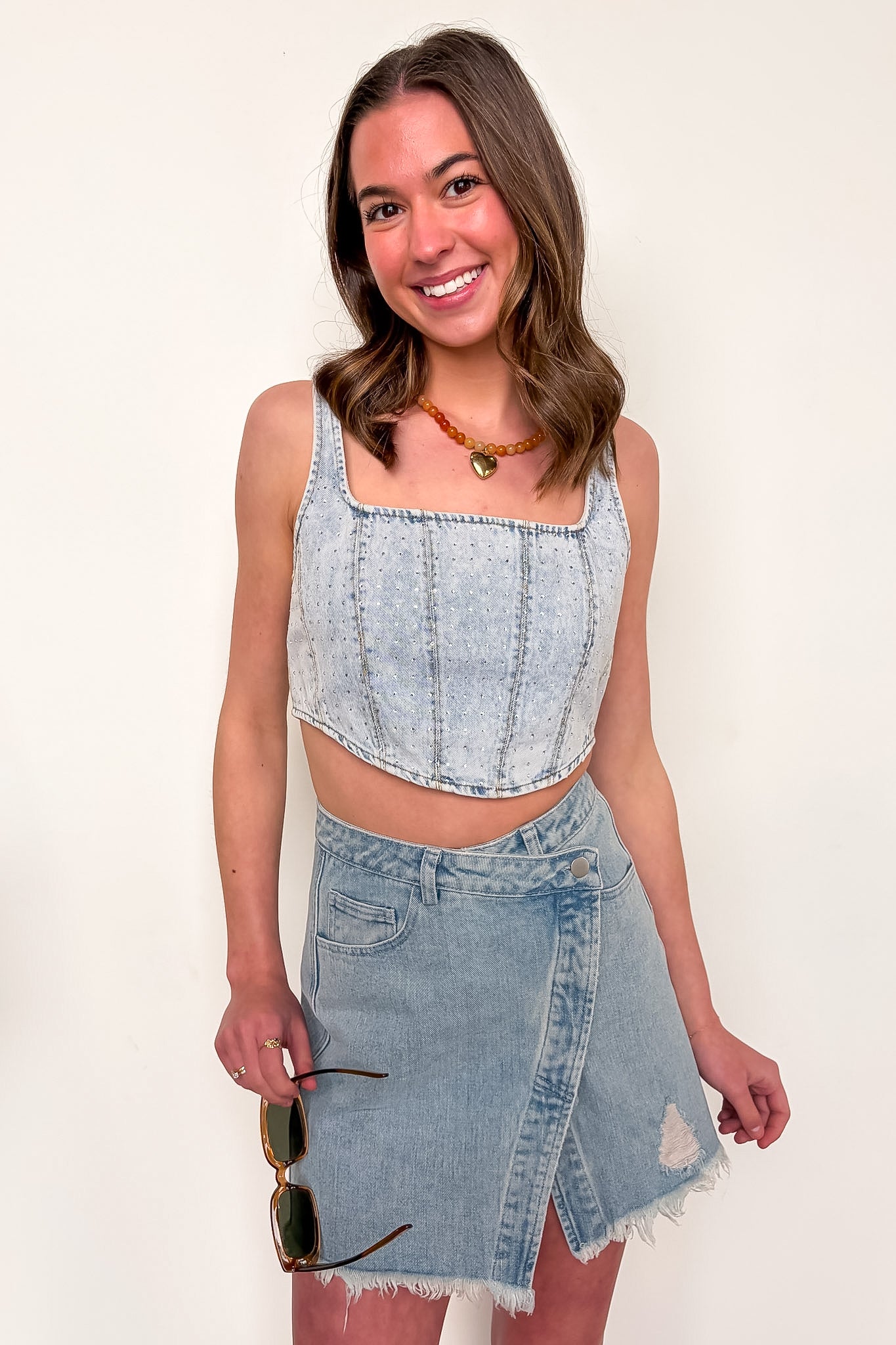 Glam West Rhinestone Detail Denim Corset Top - Madison and Mallory