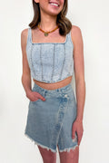 S / Light Denim Glam West Rhinestone Detail Denim Corset Top - Madison and Mallory