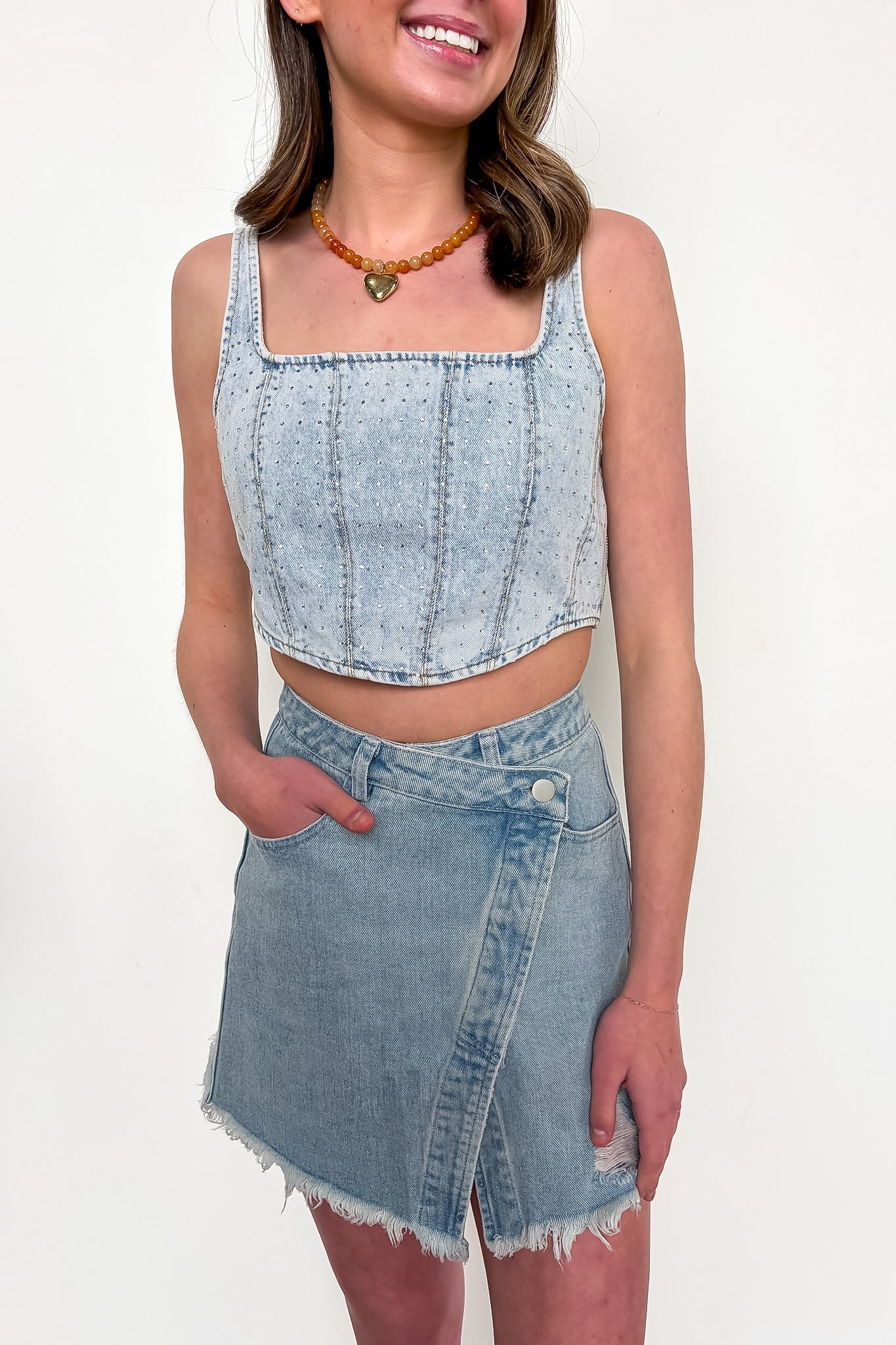 S / Light Denim Glam West Rhinestone Detail Denim Corset Top - Madison and Mallory