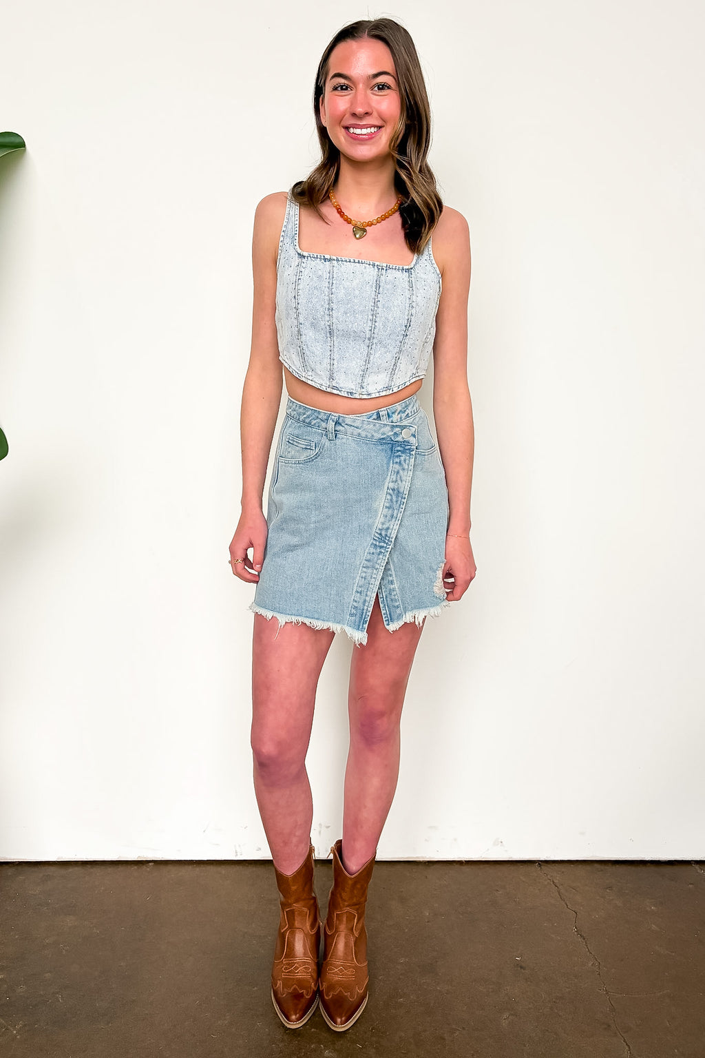 Glam West Rhinestone Detail Denim Corset Top - Madison and Mallory