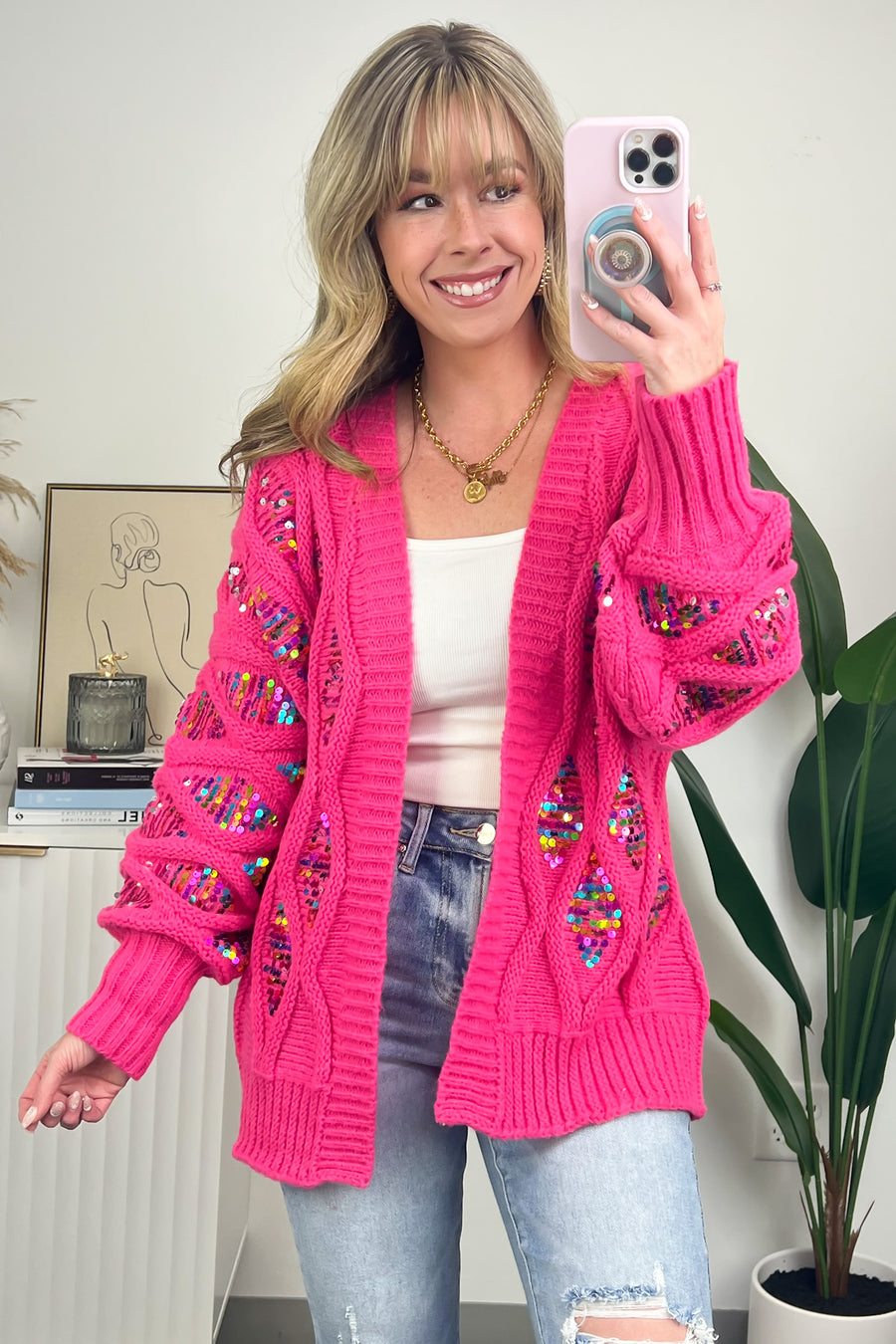 Fuchsia / S Glittering Arrival Cable Knit Sequin Cardigan - Madison and Mallory