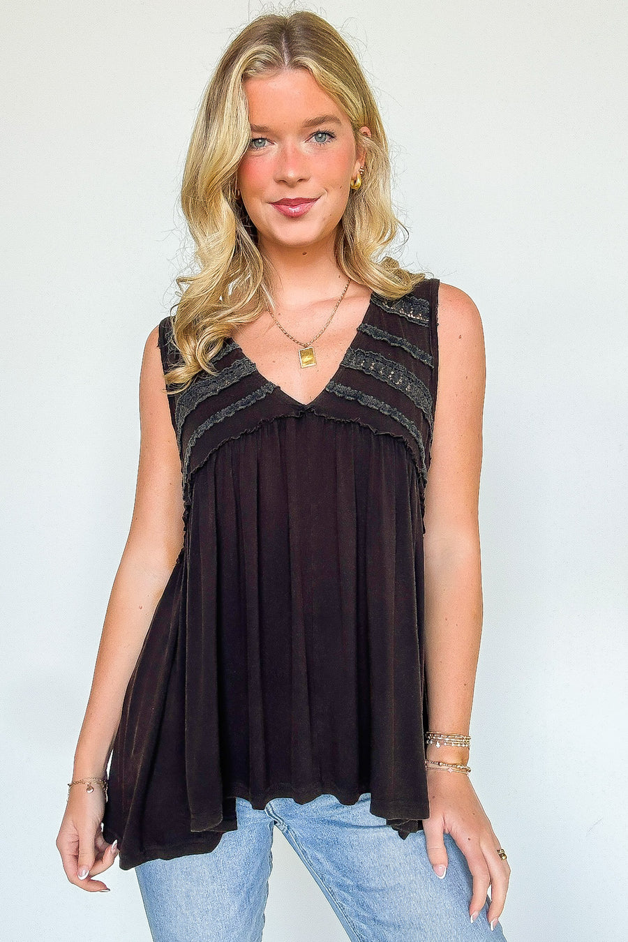 Black / S Golden Hour Crochet V-Neck Ruffle Tank Top - Madison and Mallory