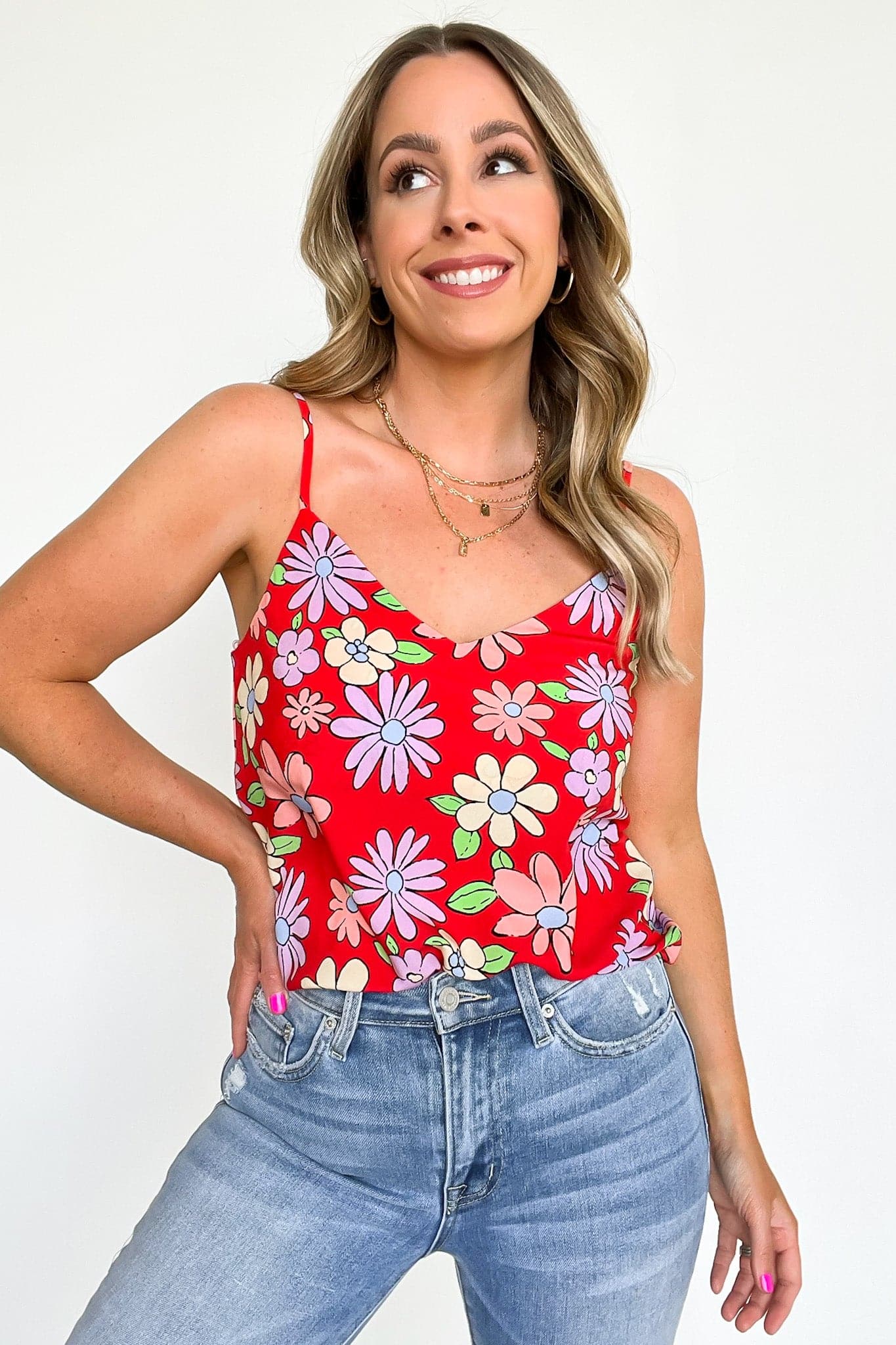 Red / S Gone Groovy Retro Floral Print Tank Top - FINAL SALE - Madison and Mallory