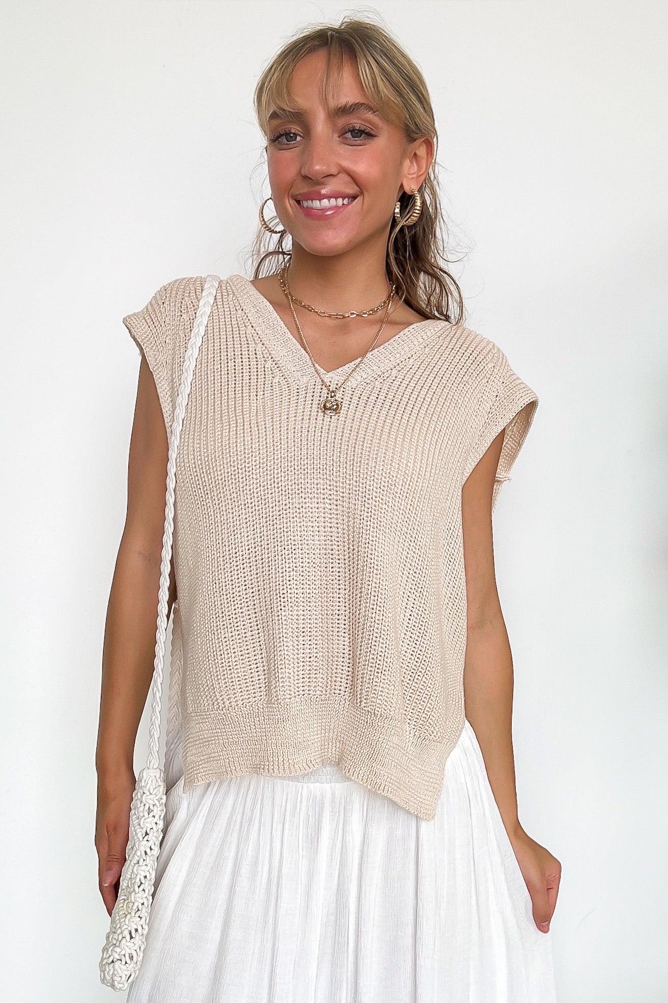 S / Natural Good Days V-Neck Sleeveless Knit Top - FINAL SALE - Madison and Mallory
