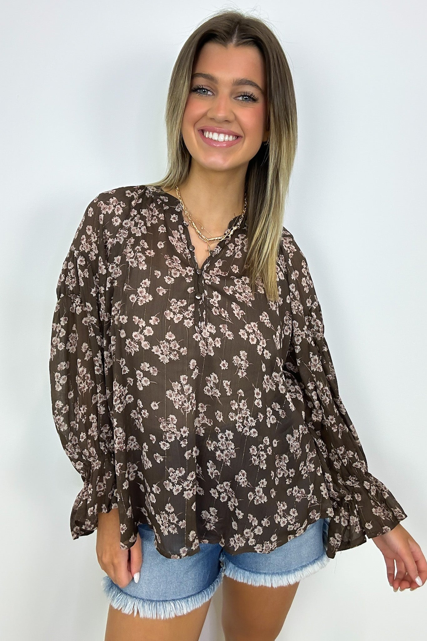  Graceful Energy Button Detail Floral Top - FINAL SALE - Madison and Mallory