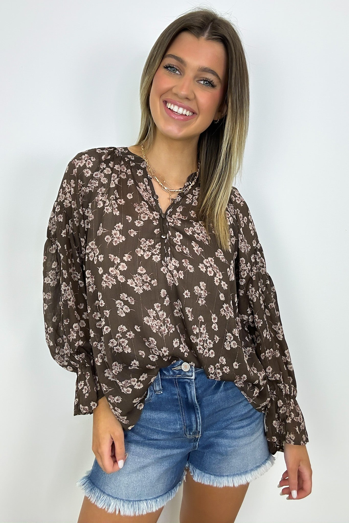 Brown Multi / S Graceful Energy Button Detail Floral Top - FINAL SALE - Madison and Mallory