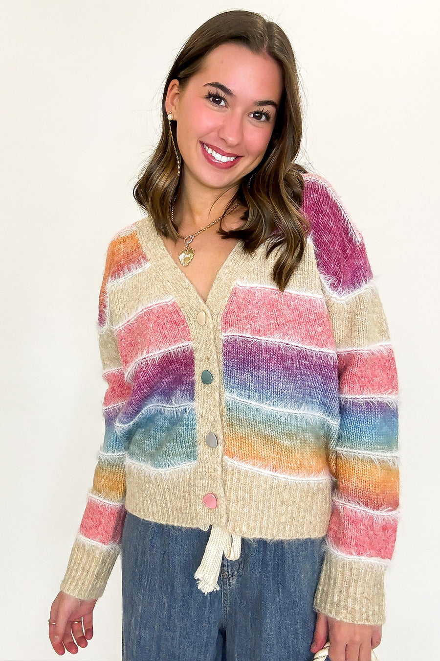 S / Rainbow Gradient Glow Ombre Striped Knit Cardigan Sweater - Madison and Mallory