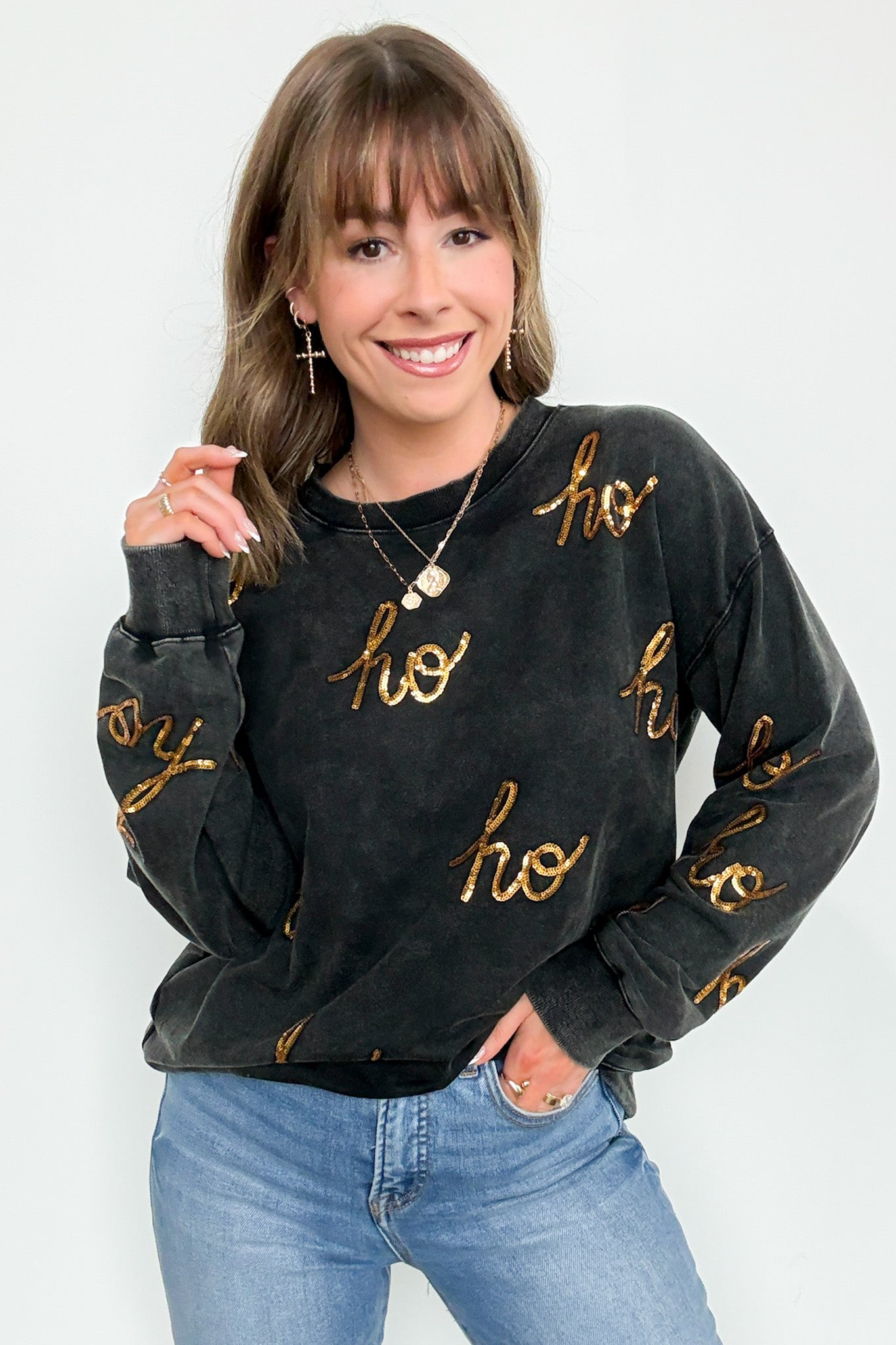 S / Black HO HO HO Sequin Pullover - Madison and Mallory