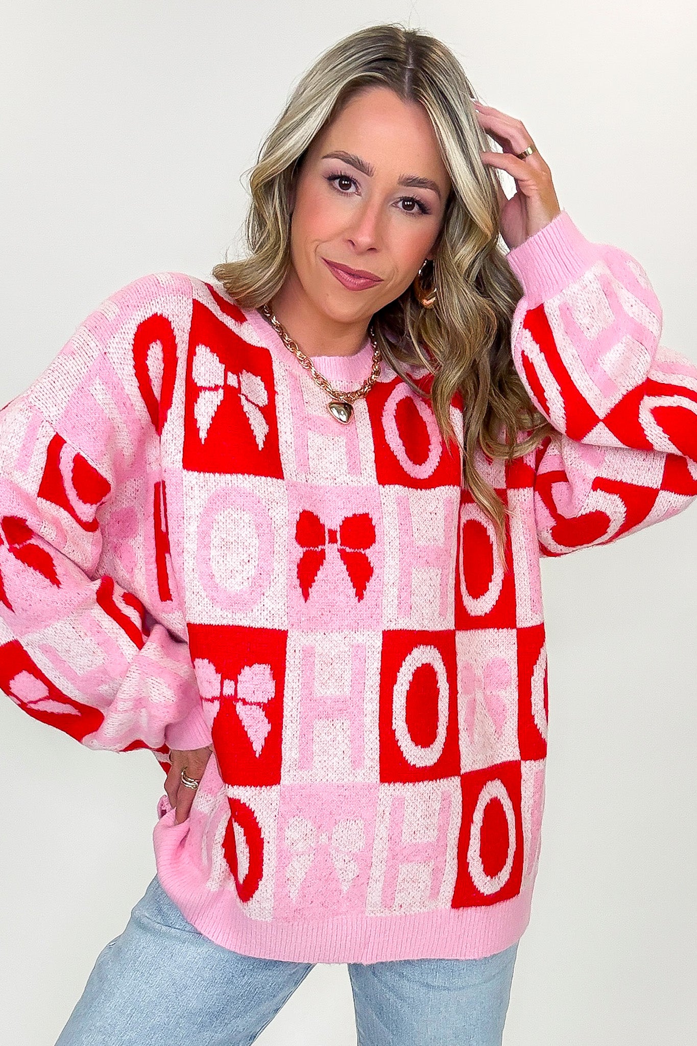 HO HO Holiday Bow Check Knit Sweater