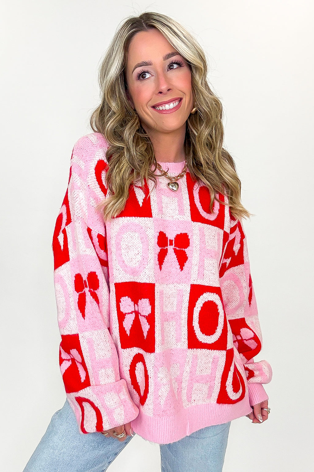 HO HO Holiday Bow Check Knit Sweater - FINAL SALE - Madison and Mallory
