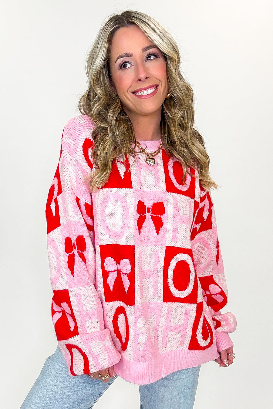 HO HO Holiday Bow Check Knit Sweater