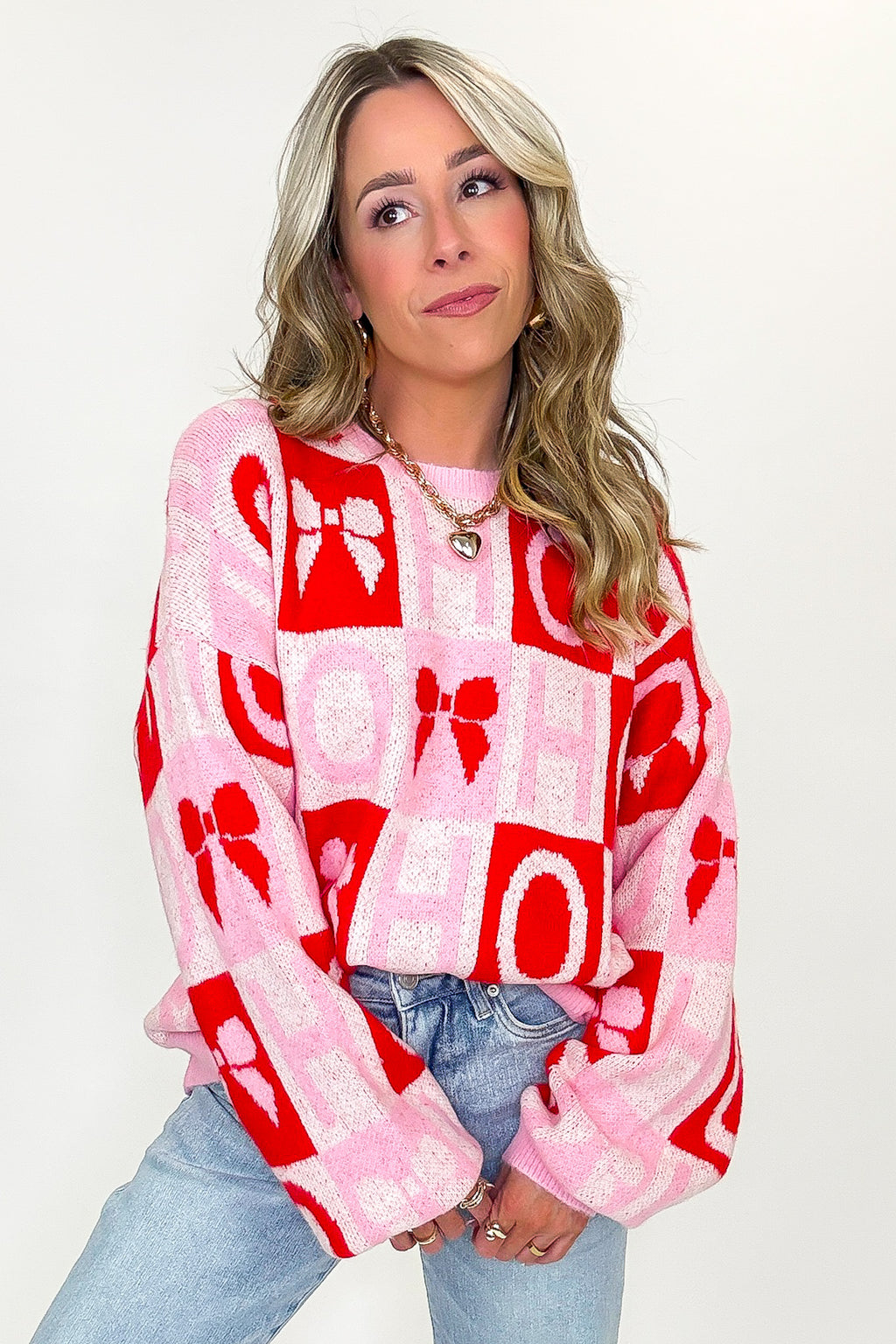 HO HO Holiday Bow Check Knit Sweater - FINAL SALE - Madison and Mallory