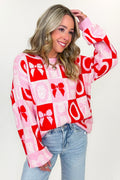 S / Pink/Red HO HO Holiday Bow Check Knit Sweater - FINAL SALE - Madison and Mallory