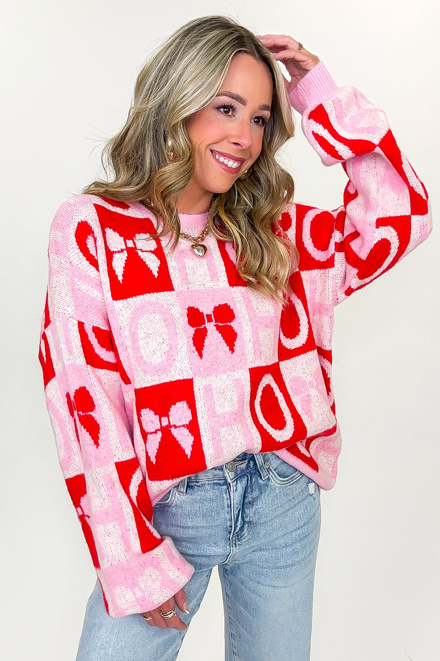 HO HO Holiday Bow Check Knit Sweater