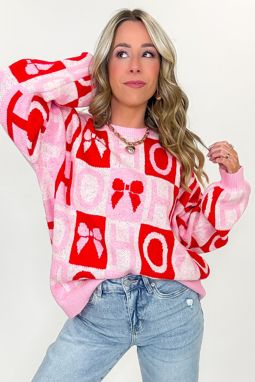 HO HO Holiday Bow Check Knit Sweater - FINAL SALE - Madison and Mallory