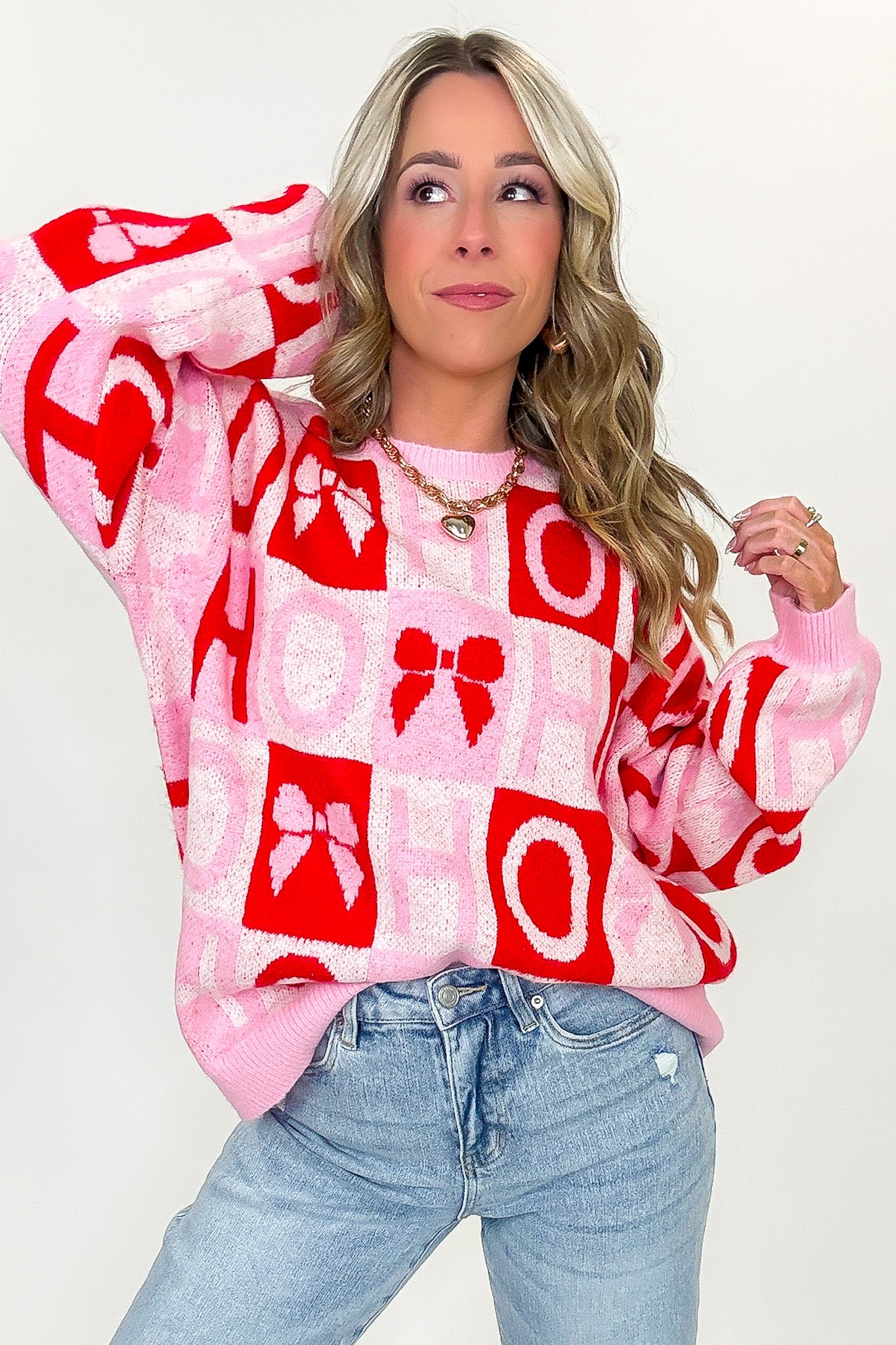 HO HO Holiday Bow Check Knit Sweater