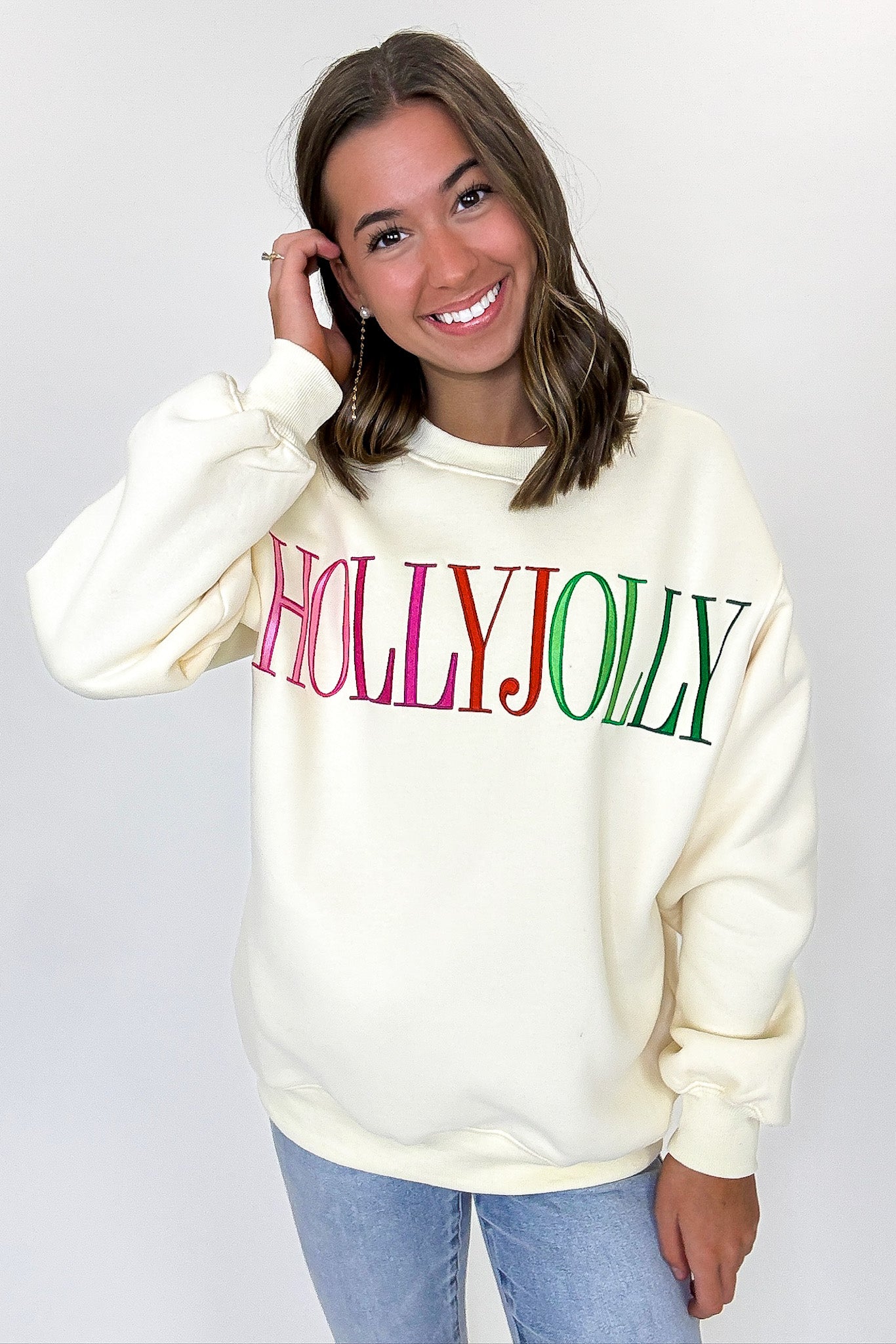 S / Butter Yellow HOLLY JOLLY Embroidered Patch Pullover - FINAL SALE - Madison and Mallory