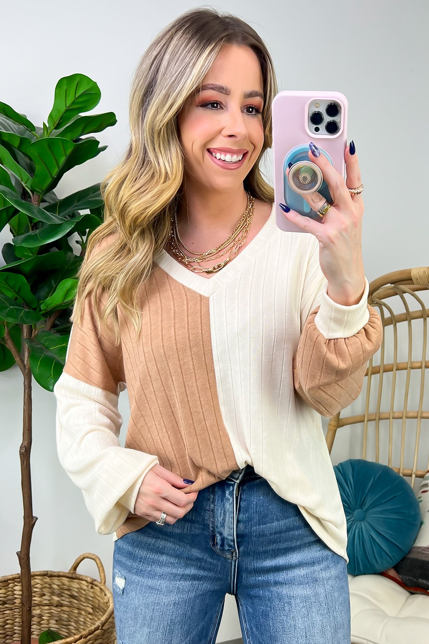  Half and Half Contrast Ribbed Knit Top - Madison and Mallory