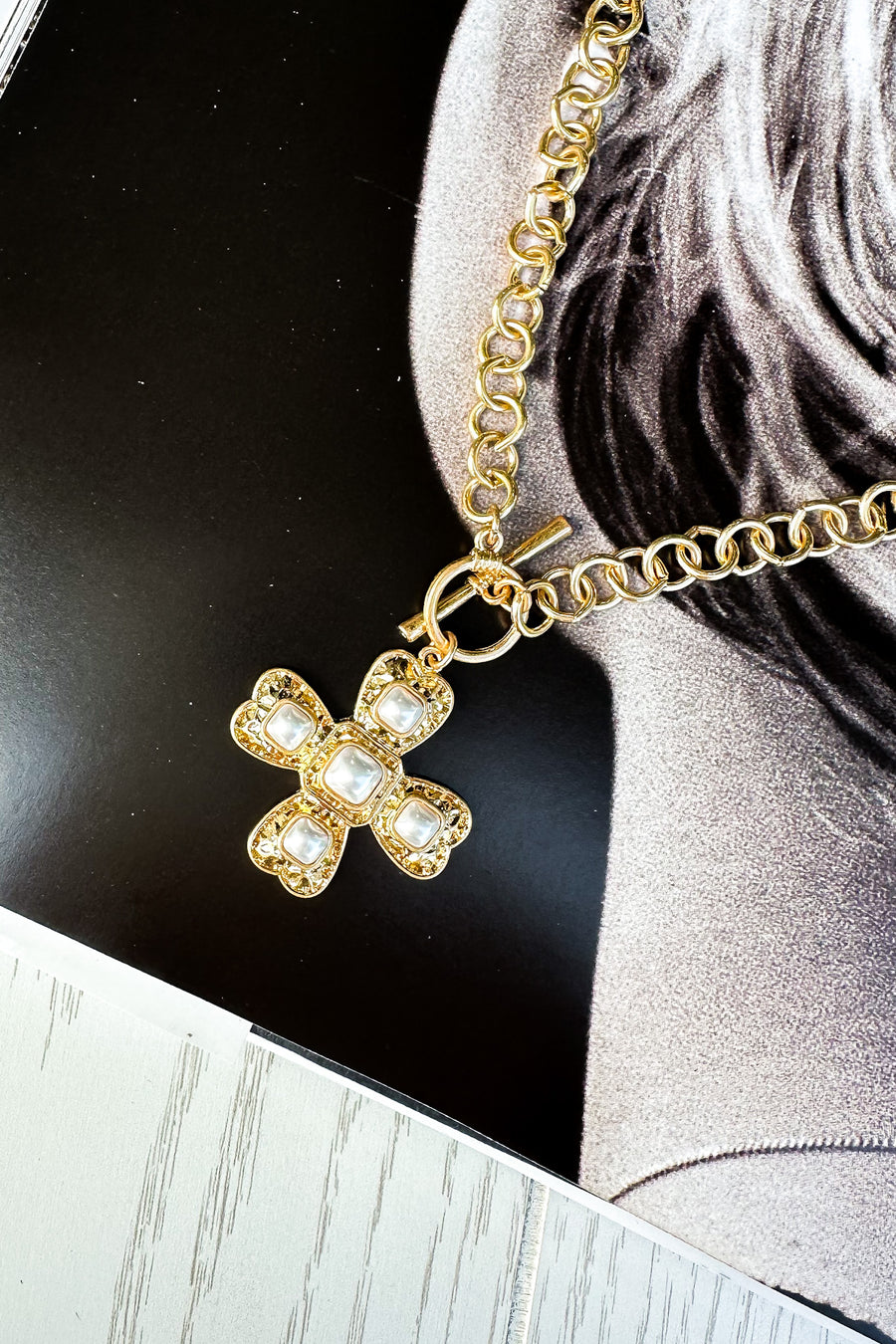Gold Halo Point Stone Cross Pendant Pointed Toggle Necklace - Madison and Mallory