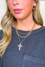 Gold Halo Shine Rhinestone Cross Multi Layer Necklace - Madison and Mallory