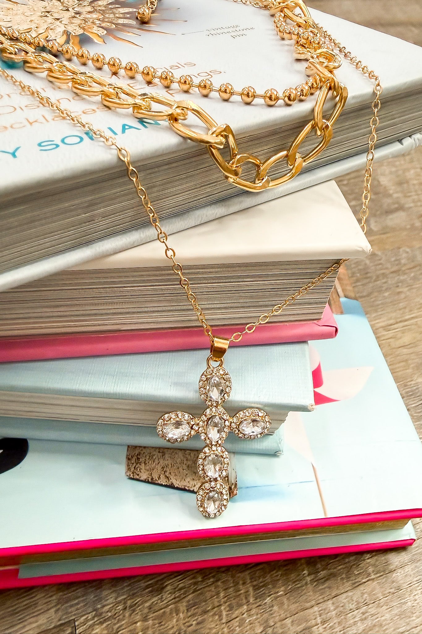 Halo Shine Rhinestone Cross Multi Layer Necklace - Madison and Mallory