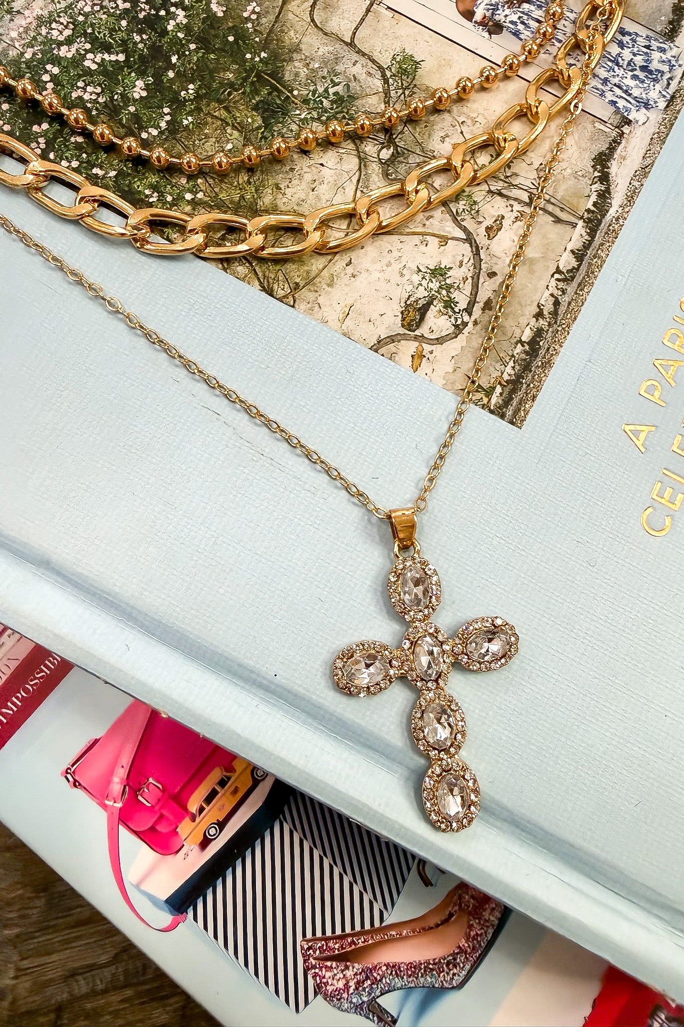 Halo Shine Rhinestone Cross Multi Layer Necklace - Madison and Mallory