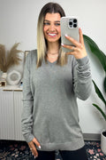 Light Gray / S Hariata V-Neck Sweater Top - FINAL SALE - Madison and Mallory