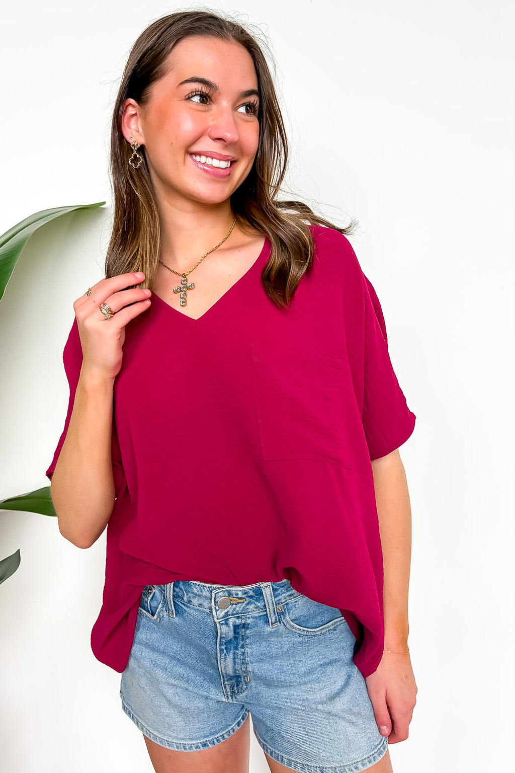 Cabernet / S Have It Here V-Neck Pocket Airflow Top - Madison and Mallory