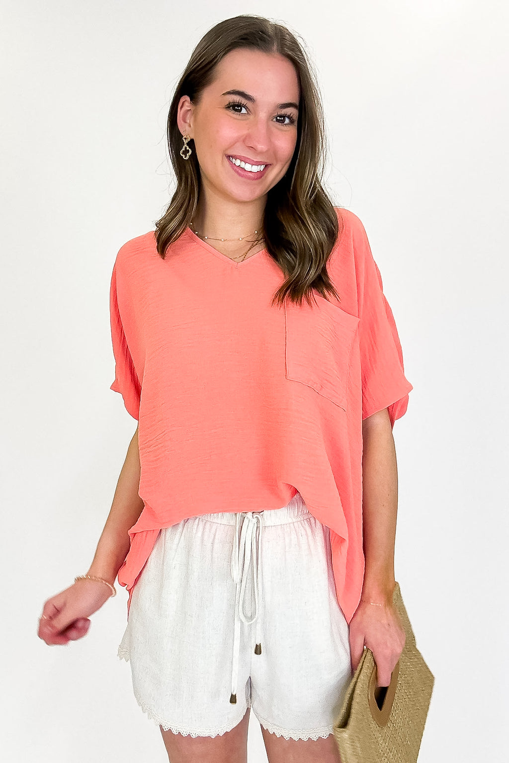 Coral / S Have It Here V-Neck Pocket Airflow Top - Madison and Mallory
